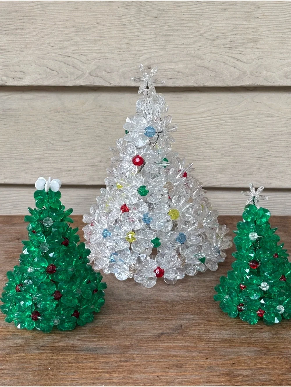 3 VTG handcrafted beaded Christmas tree decor, from the 1980s or 1990s.